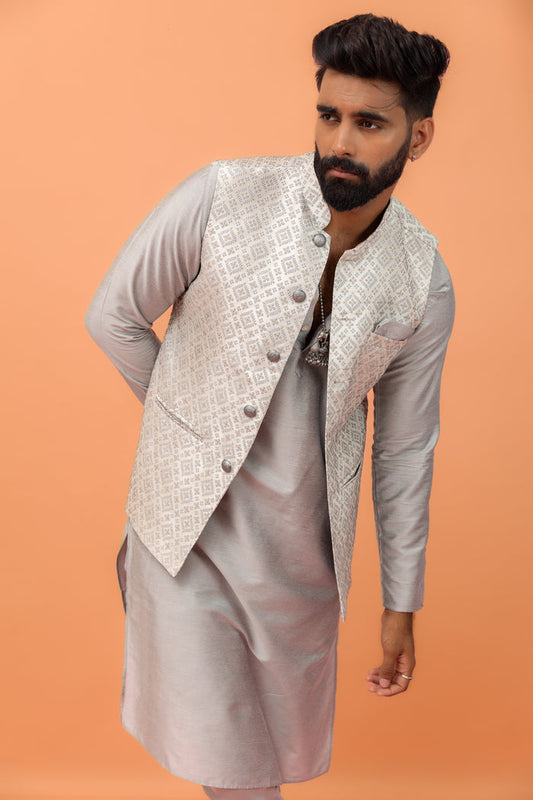 Grey Textured Nehru Jacket
