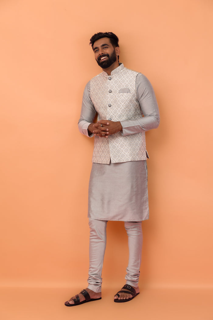 Grey Textured Nehru Jacket