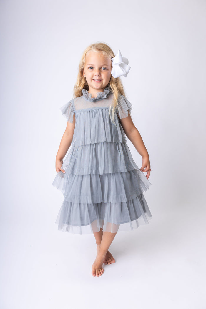 Grey Tulle Solid Color Neck & Sleeve Ruffled Tiered Dress dress & diaper cover DRESS Yo Baby India