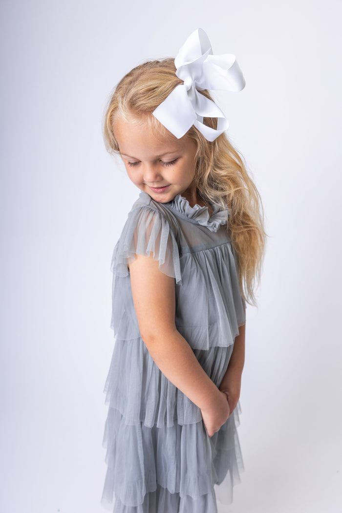 Grey Tulle Solid Color Neck & Sleeve Ruffled Tiered Dress dress & diaper cover DRESS Yo Baby India