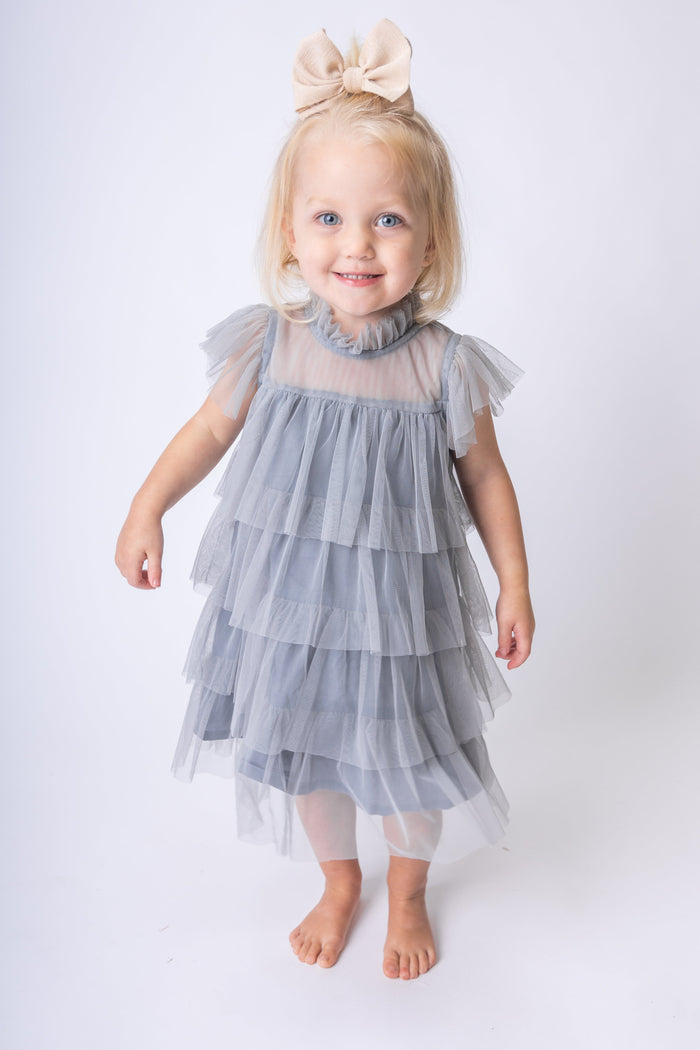 Grey Tulle Solid Color Neck & Sleeve Ruffled Tiered Dress dress & diaper cover DRESS Yo Baby India