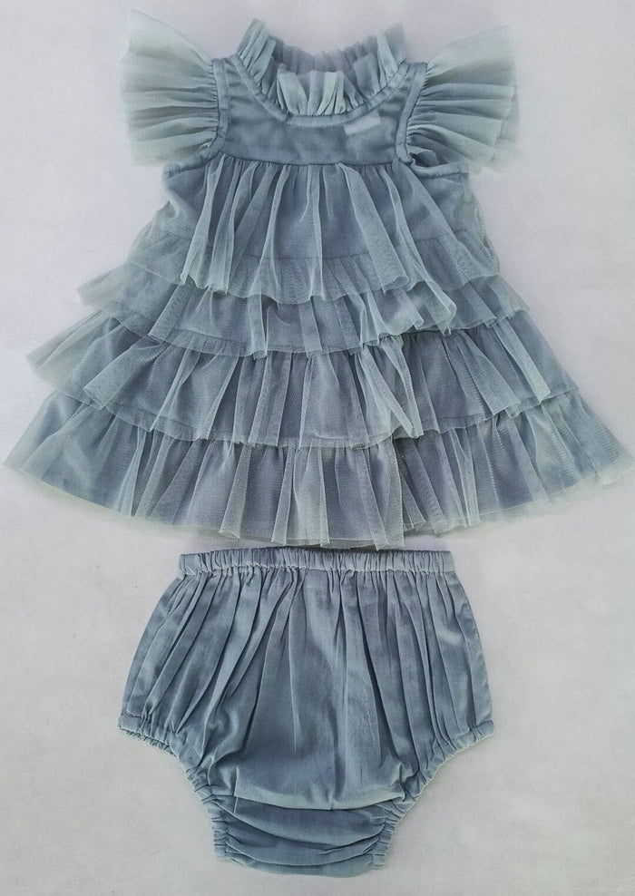 Grey Tulle Solid Color Neck & Sleeve Ruffled Tiered Dress dress & diaper cover DRESS Yo Baby India