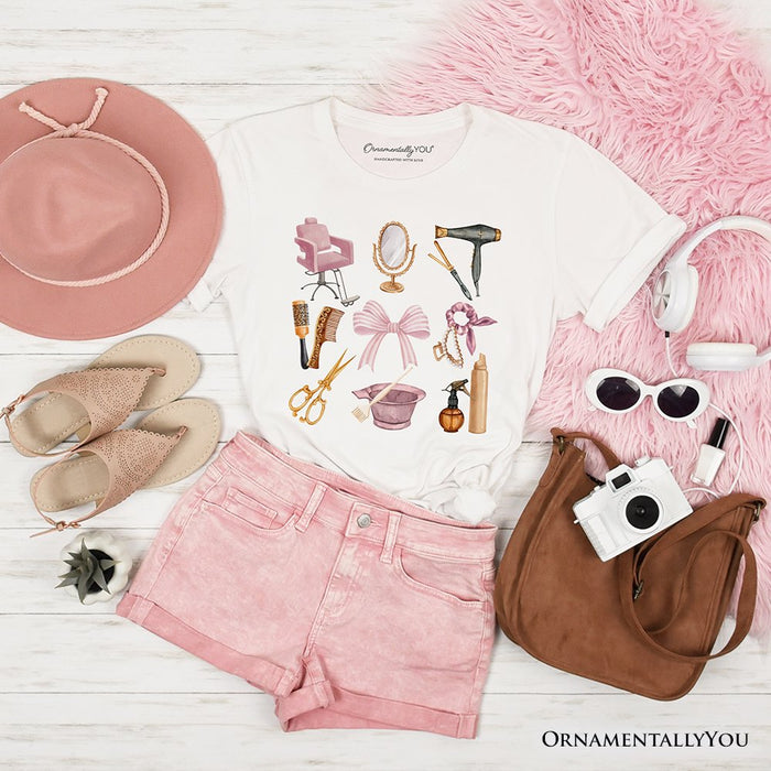 Hairstylist Coquette Aesthetic T-Shirt, Pink Hair Dresser Tee T-Shirts OrnamentallyYou White XS