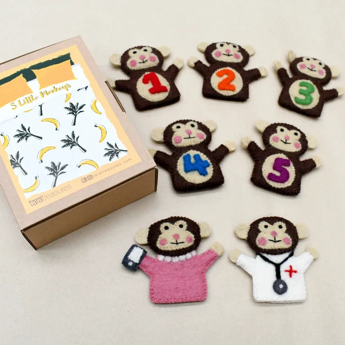 Handmade Felt Finger Puppet Set - Five Little Monkeys