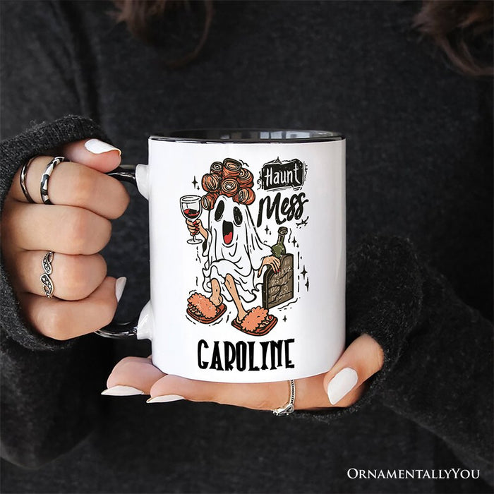 Haunt Mess Wine-Loving Ghost Personalized Mug, Funny Halloween Gift with Spooky Ghost and Custom Name Personalized Ceramic Mug OrnamentallyYou