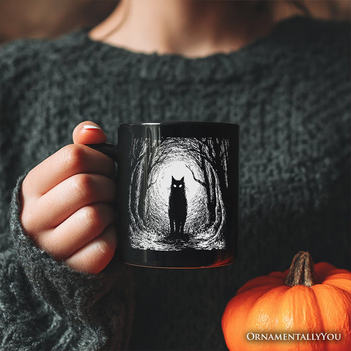 Haunted Forest Black Cat Personalized Mug, Spooky Halloween Night Gift with Custom Name Personalized Ceramic Mug OrnamentallyYou