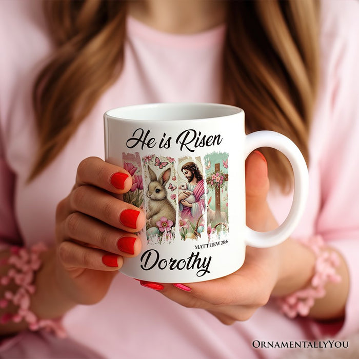 He Is Risen Easter Jesus Personalized Mug, Matthew 28:6 Christian Gift With Custom Name Personalized Ceramic Mug OrnamentallyYou