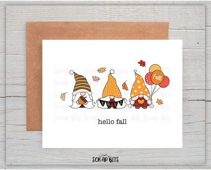 Hello Fall Card, Fall Gnomes Card, Single or Set of 10 - Scrap Bits