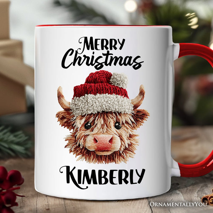 Highland Cow Santa Hat Christmas Personalized Mug, Imitation Latch Hook Yarn Cozy Gift with Custom Name Personalized Ceramic Mug OrnamentallyYou White - Red Customized