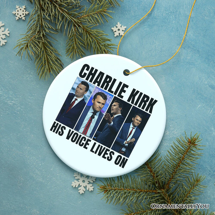 His Voice Lives On Charlie Kirk Graphic Christmas Ornament, Patriotic Republican Gift and Tree Decor Ceramic Ornament OrnamentallyYou