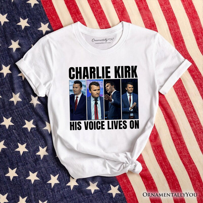 His Voice Lives On Charlie Kirk Graphic T-Shirt, Women or Men Patriotic Republican Tee T-Shirts OrnamentallyYou White XS