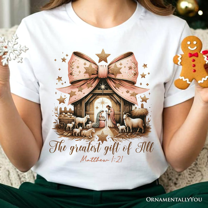 Holy Night Nativity Scene Jesus T-Shirt, The Greatest Gift of All Matthew 1:21 Christian Christmas Tee T-Shirts OrnamentallyYou