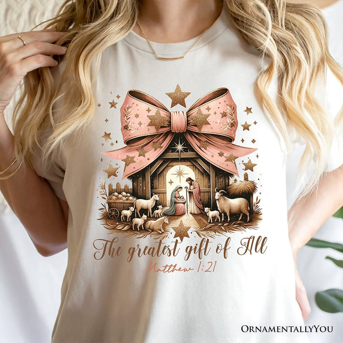 Holy Night Nativity Scene Jesus T-Shirt, The Greatest Gift of All Matthew 1:21 Christian Christmas Tee T-Shirts OrnamentallyYou