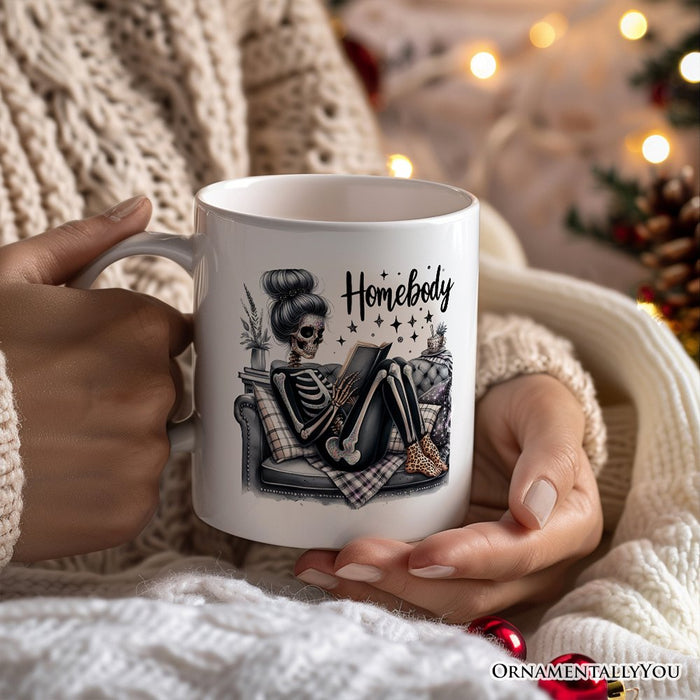 Homebody Reading Skeleton Personalized Mug, Funny Lazy Selfcare Gift with Custom Name Personalized Ceramic Mug OrnamentallyYou White Non-Custom