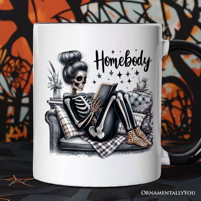 Homebody Reading Skeleton Personalized Mug, Funny Lazy Selfcare Gift with Custom Name Personalized Ceramic Mug OrnamentallyYou