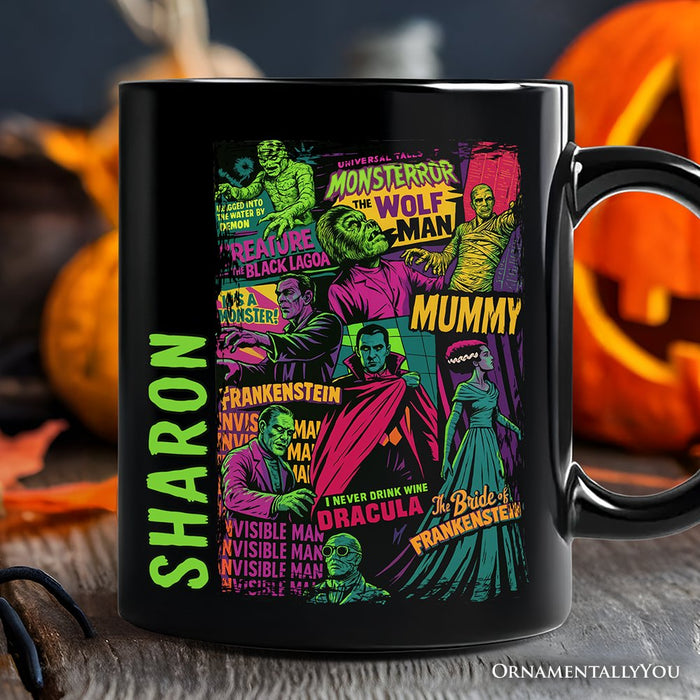 Horror Comic Classic Monsters Personalized Mug, Vintage Scary Halloween Gift with Custom Name Personalized Ceramic Mug OrnamentallyYou Black Customized