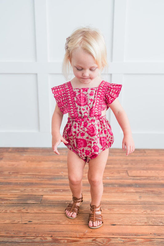 Hot-Pink Floral Ruffled Racer-Back Romper romper Yo Baby India
