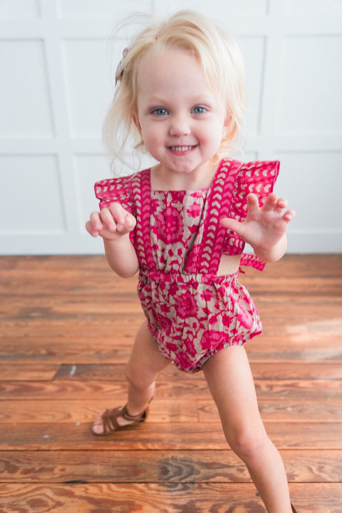 Hot-Pink Floral Ruffled Racer-Back Romper romper Yo Baby India