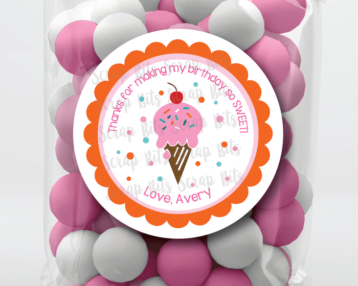 Ice Cream Cone Scallop Edge, Thanks For Making My Party So Sweet, Personalized Birthday Favor Stickers or Tags - Scrap Bits