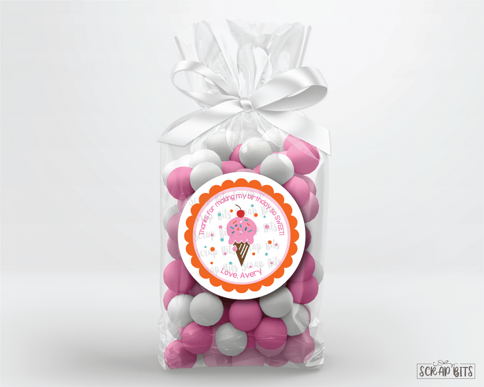 Ice Cream Cone Scallop Edge, Thanks For Making My Party So Sweet, Personalized Birthday Favor Stickers or Tags - Scrap Bits