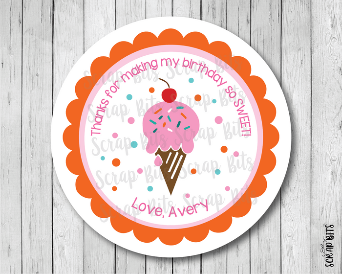 Ice Cream Cone Scallop Edge, Thanks For Making My Party So Sweet, Personalized Birthday Favor Stickers or Tags - Scrap Bits