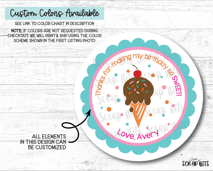 Ice Cream Cone Scallop Edge, Thanks For Making My Party So Sweet, Personalized Birthday Favor Stickers or Tags - Scrap Bits