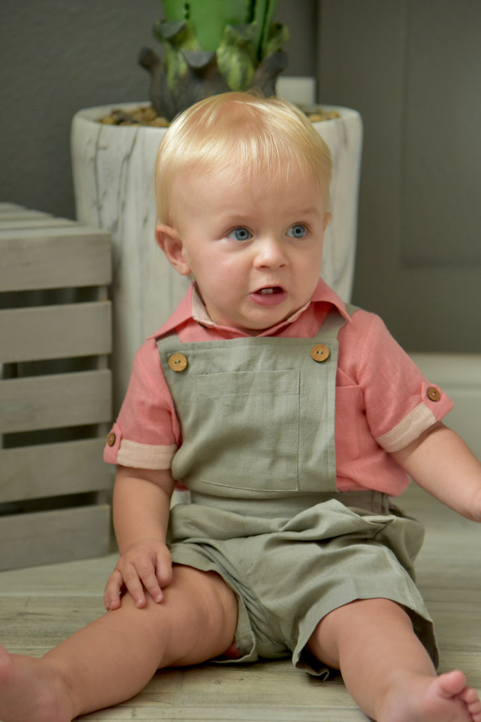 Infant Romper-Shirt and Overalls Set - Coral & Grey Boys Yo Baby Wholesale
