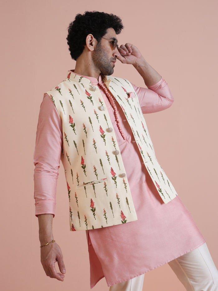Ivory Floral Printed Silk Blend Nehru Jacket