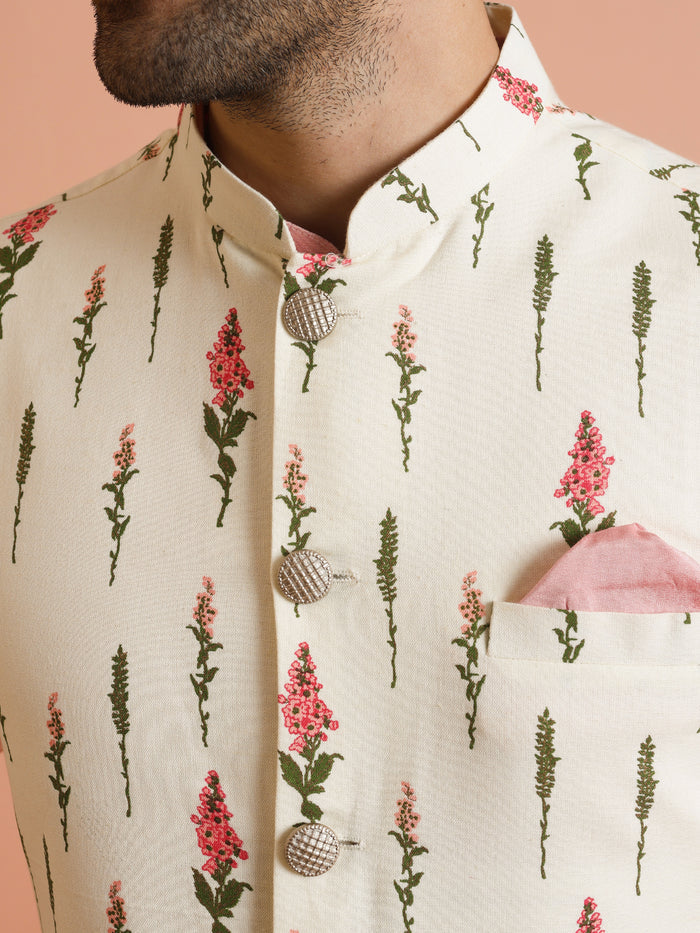 Ivory Floral Printed Silk Blend Nehru Jacket