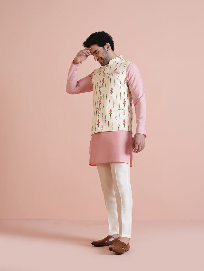 Ivory Floral Printed Silk Blend Nehru Jacket