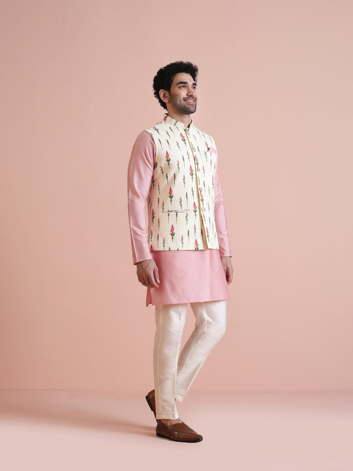 Ivory Floral Printed Silk Blend Nehru Jacket