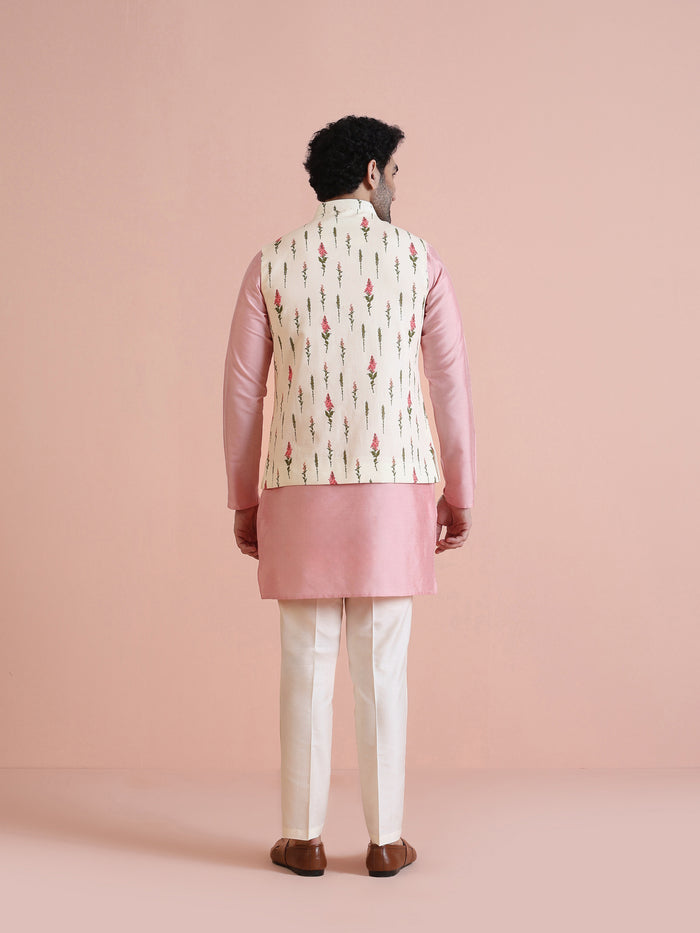 Ivory Floral Printed Silk Blend Nehru Jacket