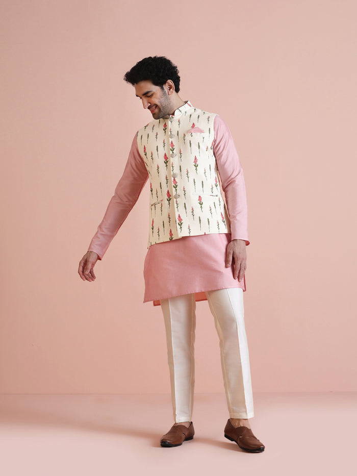 Ivory Floral Printed Silk Blend Nehru Jacket