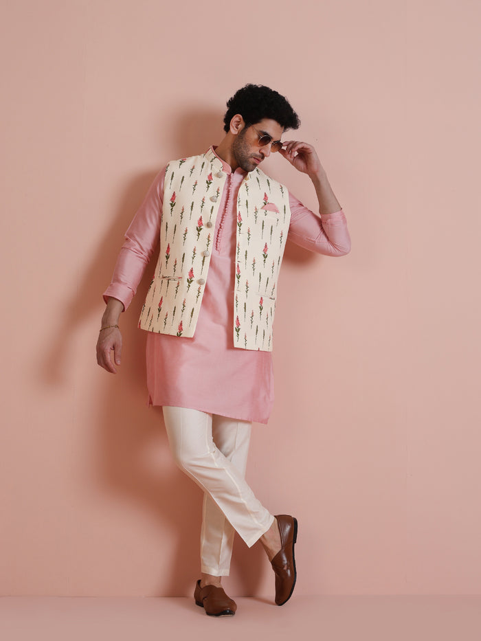 Ivory Floral Printed Silk Blend Nehru Jacket