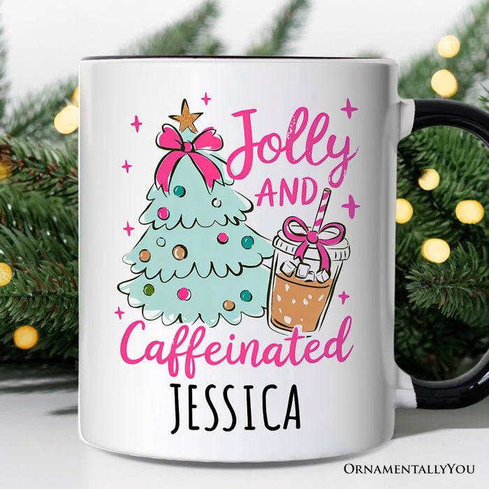 Jolly and Caffeinated Christmas Personalized Mug, Retro Coquette Coffee Holiday Gift with Custom Name Personalized Ceramic Mug OrnamentallyYou White - Black Customized