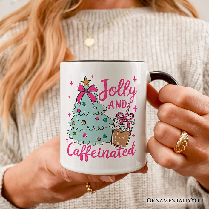 Jolly and Caffeinated Christmas Personalized Mug, Retro Coquette Coffee Holiday Gift with Custom Name Personalized Ceramic Mug OrnamentallyYou