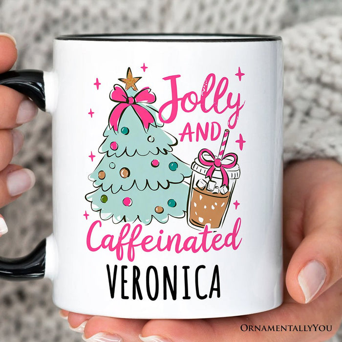 Jolly and Caffeinated Christmas Personalized Mug, Retro Coquette Coffee Holiday Gift with Custom Name Personalized Ceramic Mug OrnamentallyYou