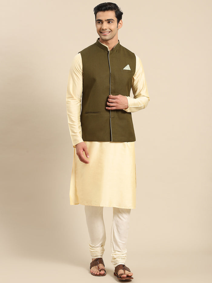 Kisah Men Olive Kurta Jacket Set