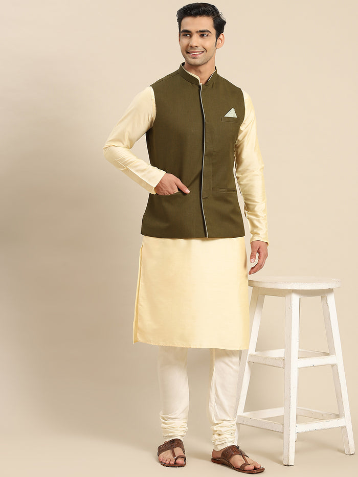Kisah Men Olive Kurta Jacket Set