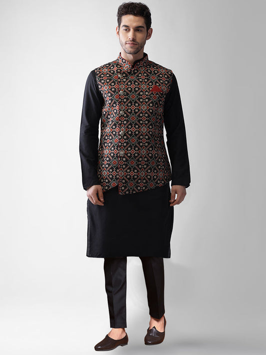 Kisah Men's Black Kurta Jacket Trousers Set