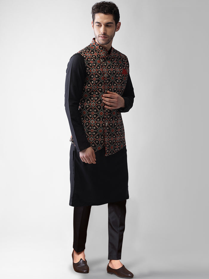 Kisah Men's Black Kurta Jacket Trousers Set