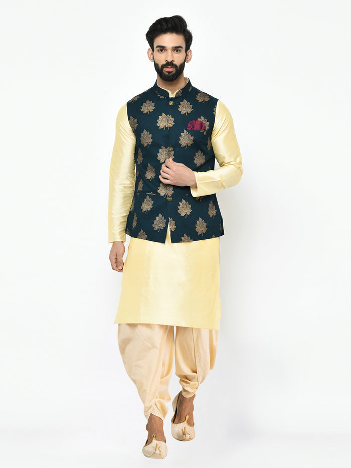 Kisah Men's Navy Blue Kurta Jacket Dhoti Set