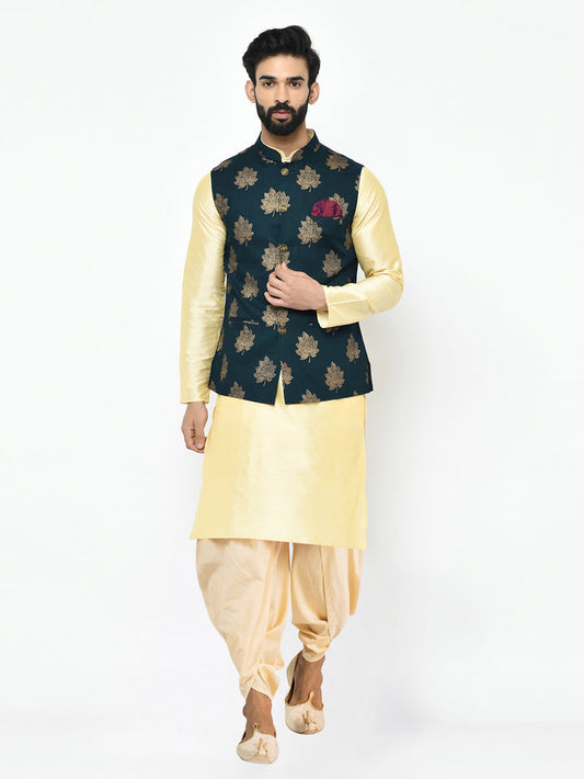 Kisah Men's Navy Blue Kurta Jacket Dhoti Set