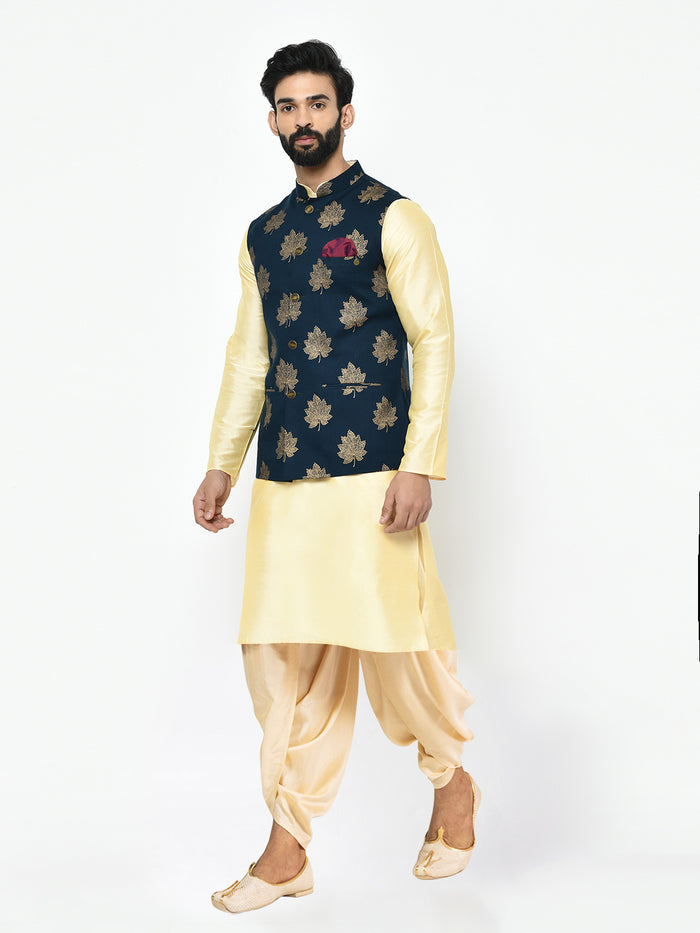 Kisah Men's Navy Blue Kurta Jacket Dhoti Set