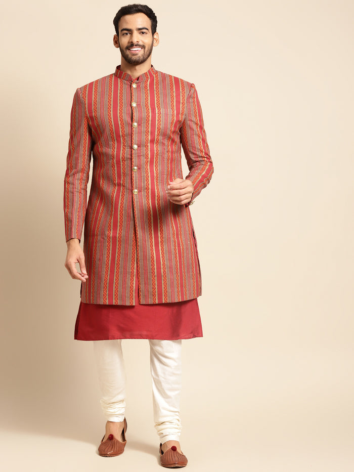 Kisah Men's Red Indowestern Set With Kurta and Churidar