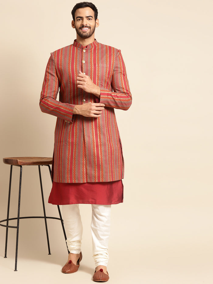 Kisah Men's Red Indowestern Set With Kurta and Churidar
