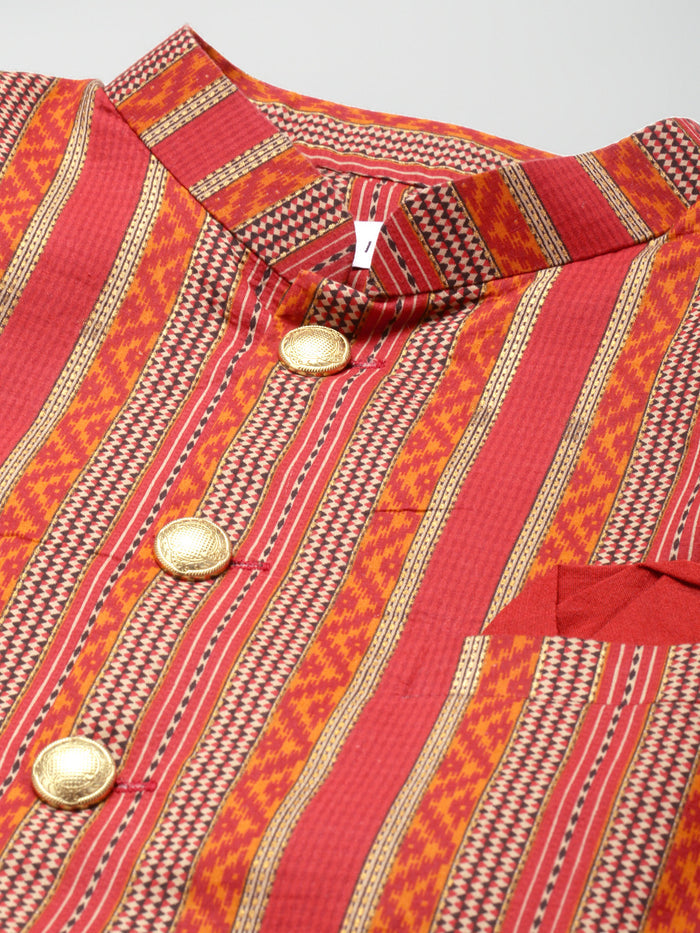 Kisah Men's Red Indowestern Set With Kurta and Churidar