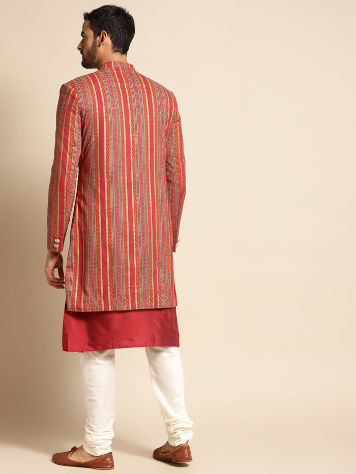 Kisah Men's Red Indowestern Set With Kurta and Churidar
