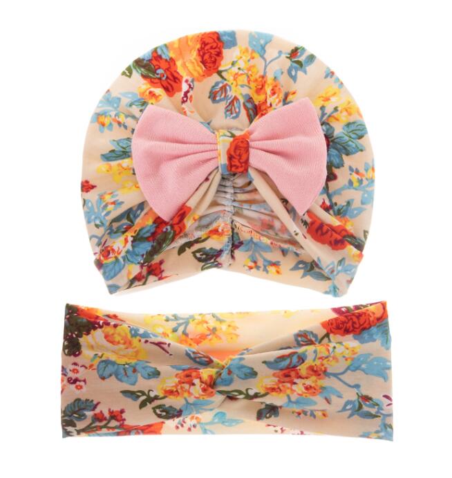 Knit Headband Set - 2 Pieces Yo Baby India Ivory With Pink Bow