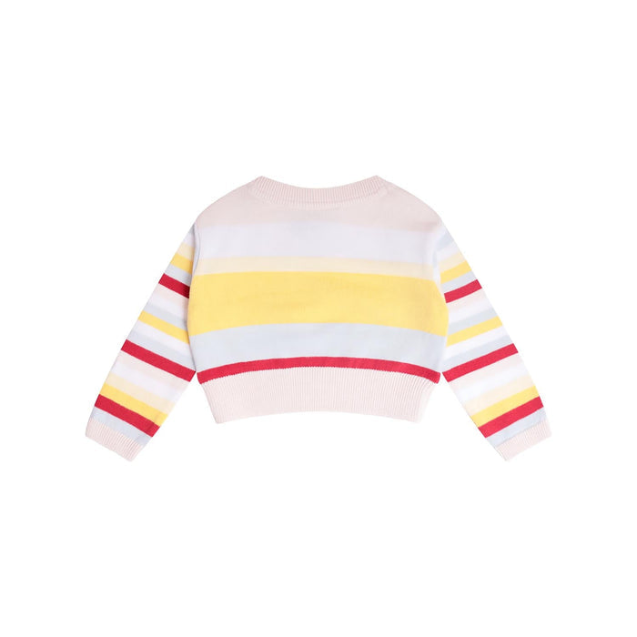 Back view of Pastel striped knitted baby sweater in soft organic cotton
